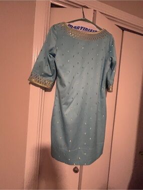 Gretchen Scott Aqua Shift Dress with Gold Motif